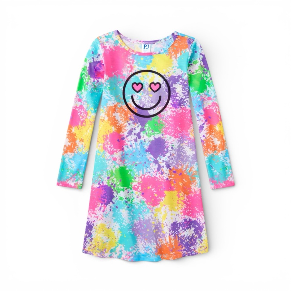 Girls Smile Splatter Paint Long Sleeves Nightgown Size L